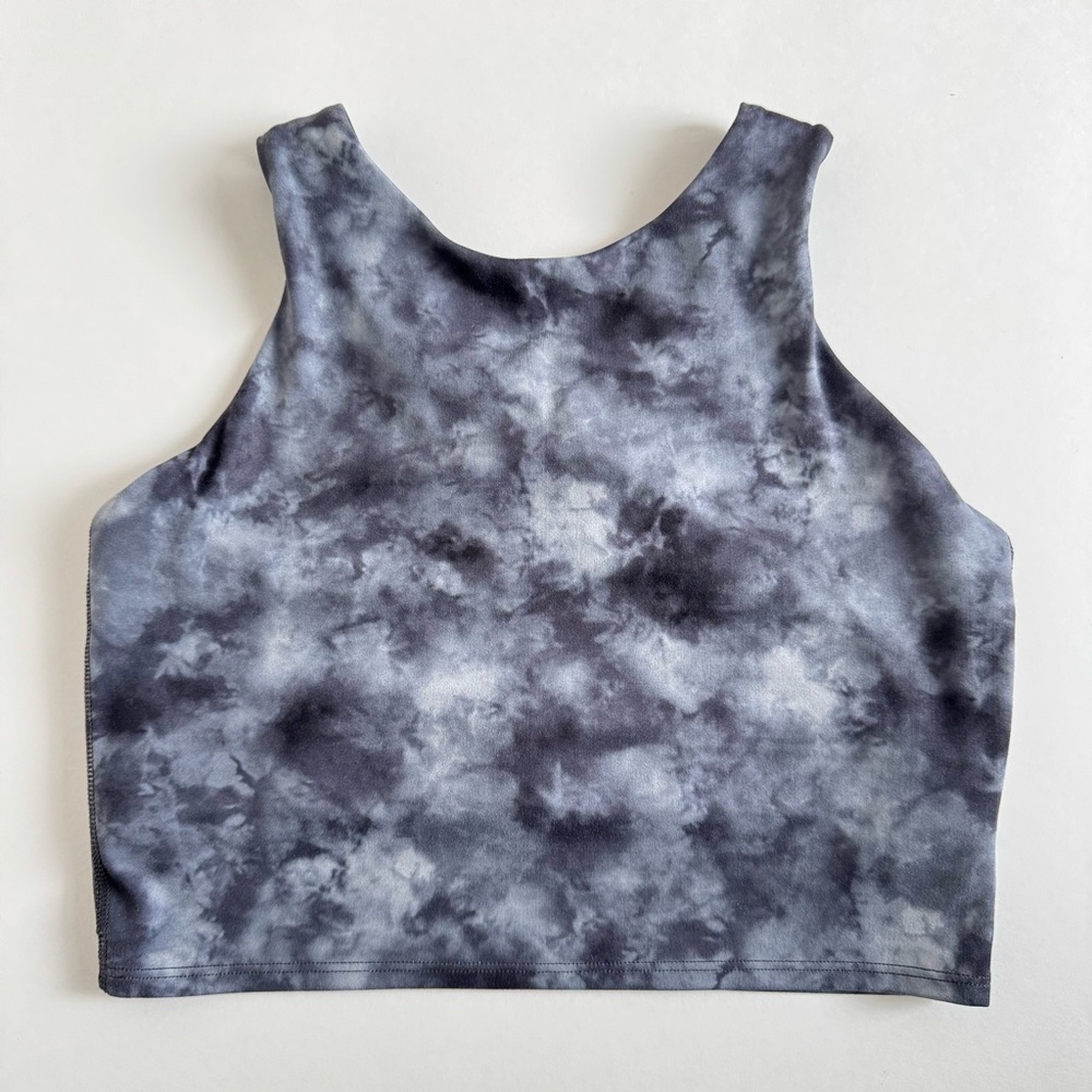 Athleta Conscious Cropped longer length sports bra in blue/gray tie dye. Size: S - Picture 3 of 11